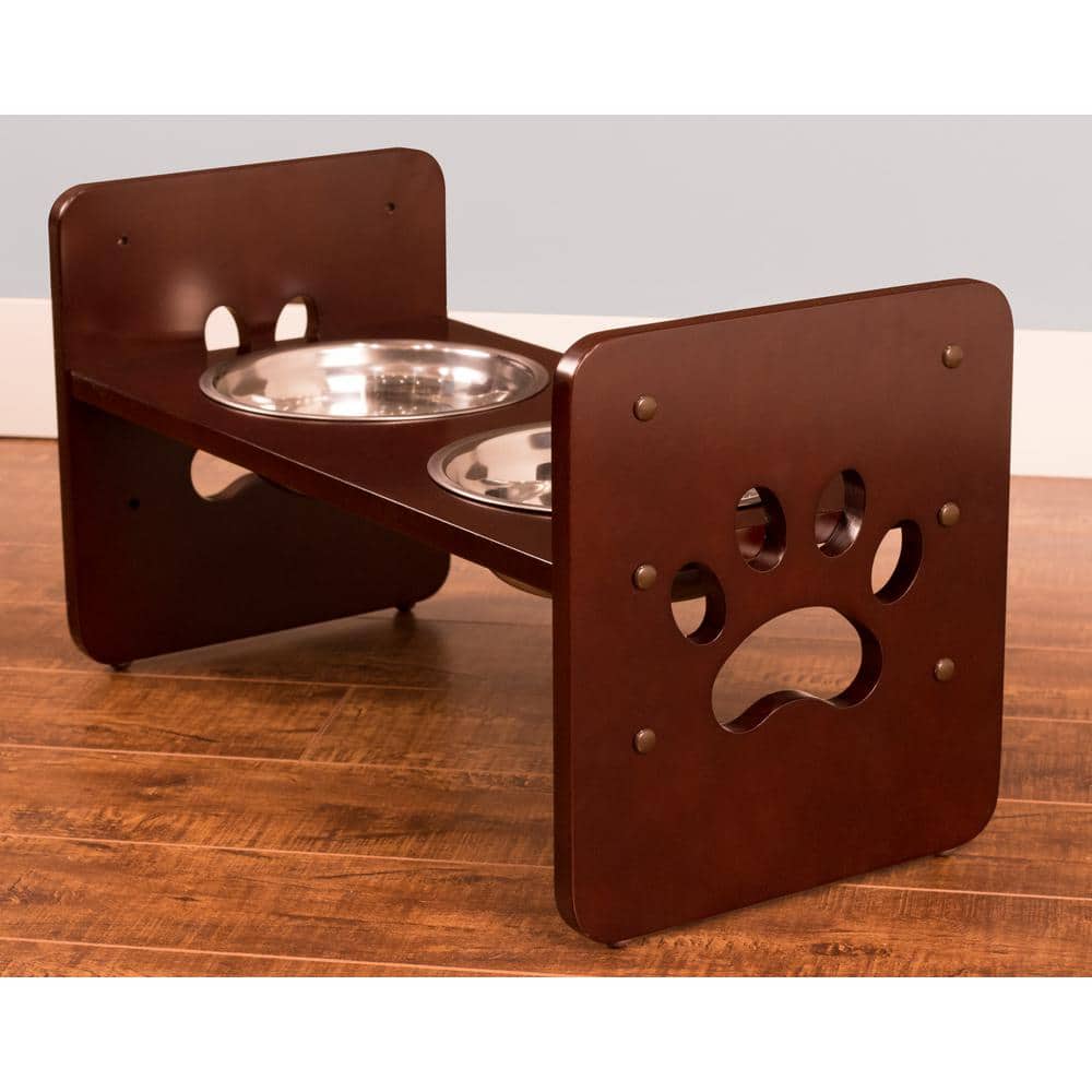 Adjustable Brown Elevated Pet Feeder with Stainless Steel Bowls