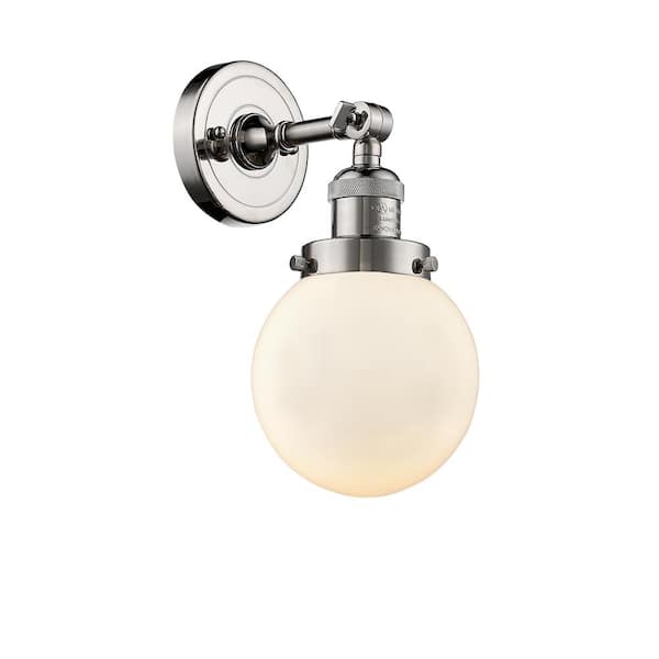 Beacon 1-Light Matte White, Polished Nickel Wall Sconce with White Glass Shade