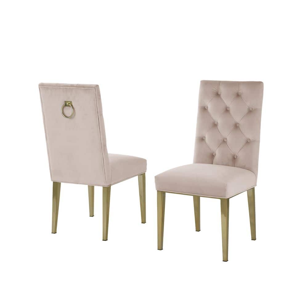 63" Rectangular Clear Glass Dining Set with Beige Velvet Chairs and Gold Base