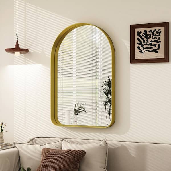 XRAMFY Gold 26 in. W x 37.8 in. H Modern Arched Aluminum Alloy Deep Framed Wall Mirror