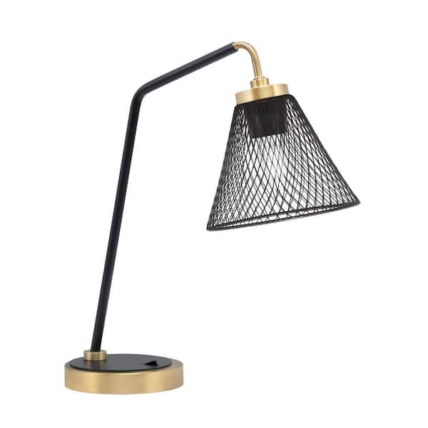 Unbranded Delgado 16.5 in. Matte Black and New Age Brass Desk Lamp with Matte Black Cone Mesh Metal Shade