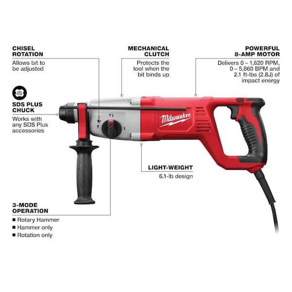 Milwaukee 8 Amp Corded 1 in. SDS D-Handle Rotary Hammer 2-Cutter
