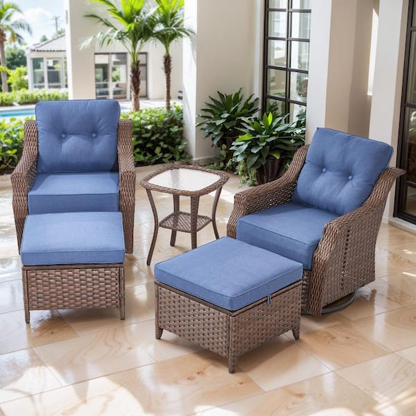 Artisan Brown 5-Piece Wicker Swivel Rocker Patio Conversation Set with 6 in. Thick Navy Blue Cushions for Balcony