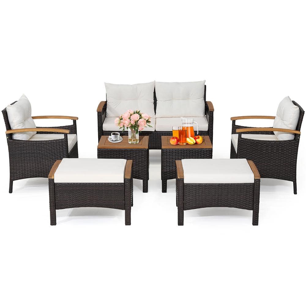 Costway 7-Piece Patio Rattan Furniture Set Cushion Armrest Loveseat Ottoman Table in Off White -  HW70450+