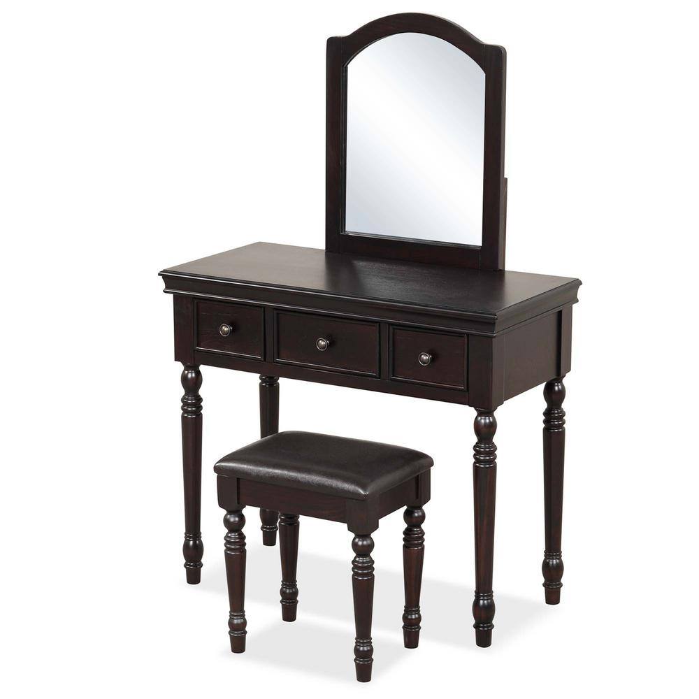 Costway 2Piece Walnut Makeup Vanity Set Desk Cushioned Stool 3Drawer