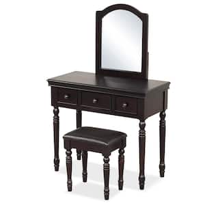 2-Piece Walnut Makeup Vanity Set Desk Cushioned Stool 3-Drawer Large Mirror