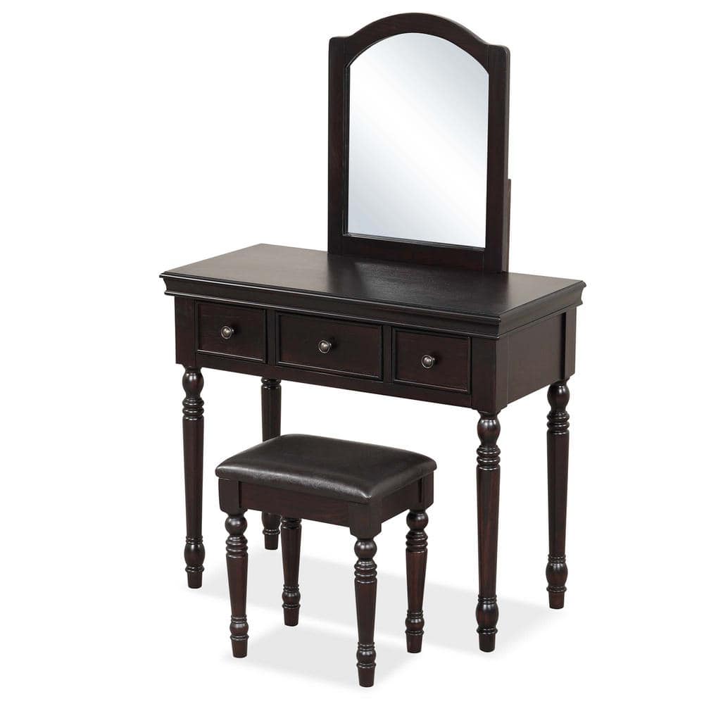Costway 2 Piece Walnut Makeup Vanity Set Desk Cushioned Stool 3 Drawer Large Mirror K0L 10NZ12WN The Home Depot