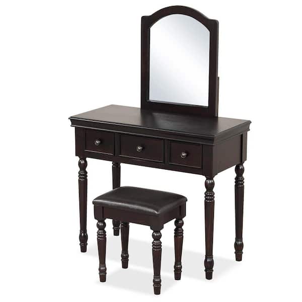 Costway 2-Piece Walnut Makeup Vanity Set Desk Cushioned Stool 3-Drawer Large Mirror