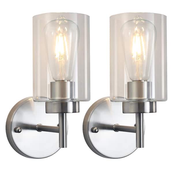 ADSENSTY 7.4 in. 1-Light Brushed Nickel Modern Dimmable Wall Sconce Bathroom Vanity-Light with Clear Glass Shade (Set of 2)