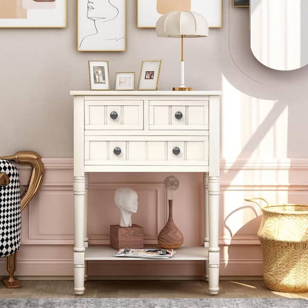 24 in. Rectangle Ivory White Wood Console Table with 3-Storage Drawers