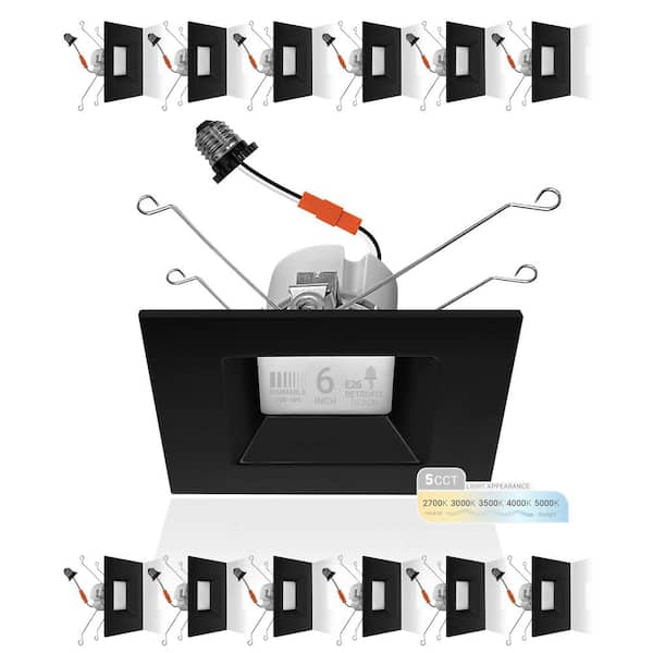 6 in. 14-Watt LED Black Square Retrofit Recessed Housing Light 5 CCT 2700K to 5000K IC Rated Remodel Dimmable (12-Pack)
