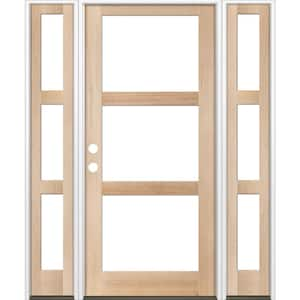 70 in. x 96 in. Modern Hemlock Right-Hand/Inswing 3-Lite Clear Glass Unfinished Wood Prehung Front Door with Sidelites