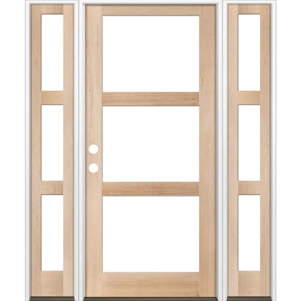 Krosswood Doors 70 in. x 96 in. Modern Hemlock Right-Hand/Inswing 3-Lite Clear Glass Unfinished Wood Prehung Front Door with Sidelites