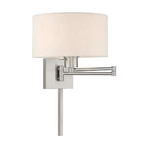 Atwood 1-Light Brushed Nickel Plug-In/Hardwired Swing Arm Wall Lamp with Oatmeal Fabrick Shade