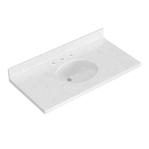 ARIEL 42 in. W x 22 in. D in Carrara White Quartz with 1.5 in Thick Milter Edge with Round Single Sink Vanity Top in White