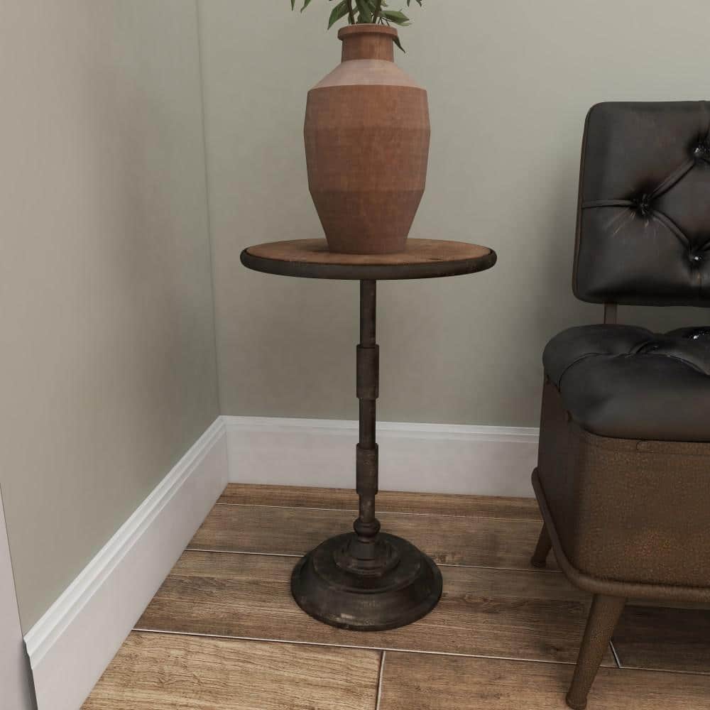 Industrial Black Metal and Brown Wood Round Accent Table