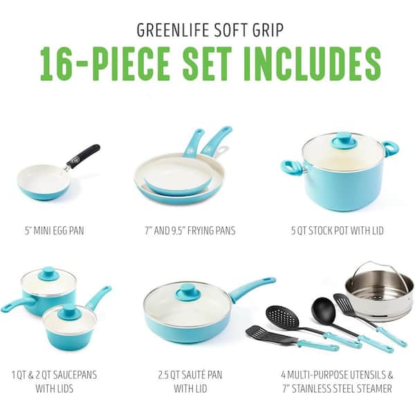 GreenLife Soft Grip Healthy Ceramic Nonstick, Cookware Pots and Pans Set,  16 Piece, Blue