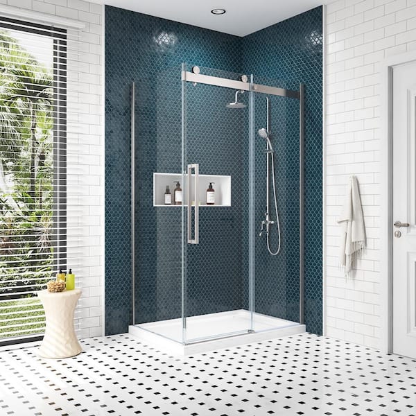 Bel Soft Close 32 in. W x 78.75 in. H Fixed Frameless Shower Door in Satin Nickel