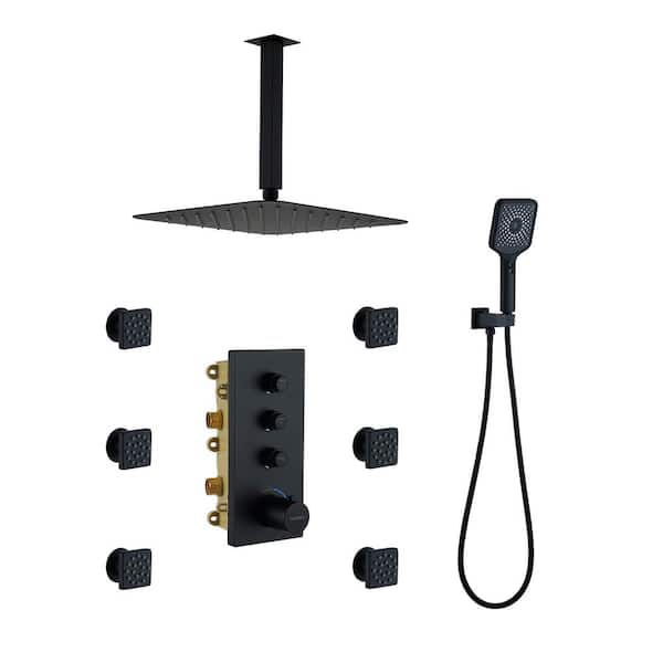 3-Spray 1.8 GPM 12 in. Ceiling Mounted Dual Square Handheld Shower Set in Matte Black