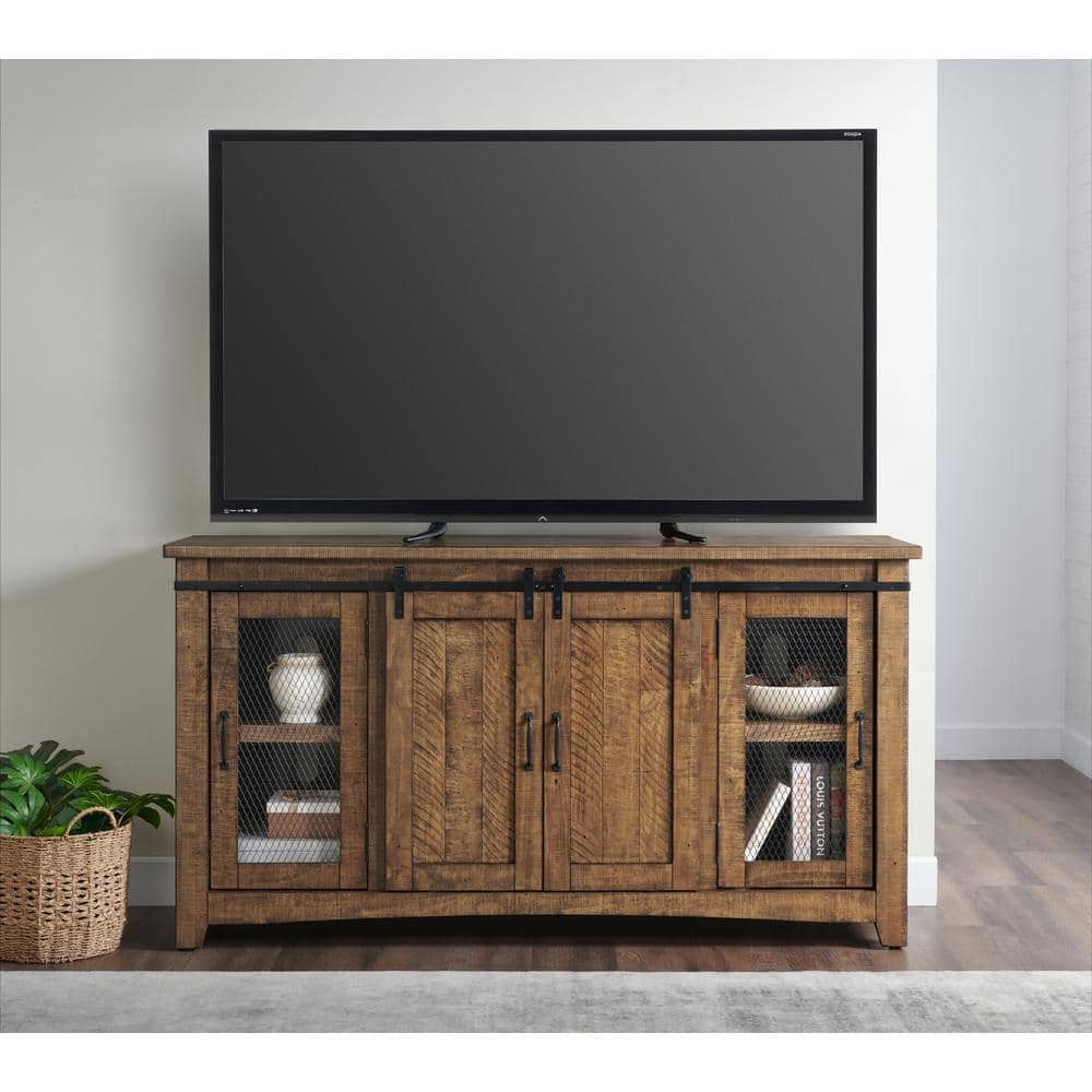Rustic Pine and Black Metal Mesh 65" TV Stand with Cabinet