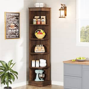 Jannelly 71 in. Tall Rustic Brown Engineered Wood 5-Shelf Corner Bookcase Bookshelf Narrow Shelf Rack for Small Space