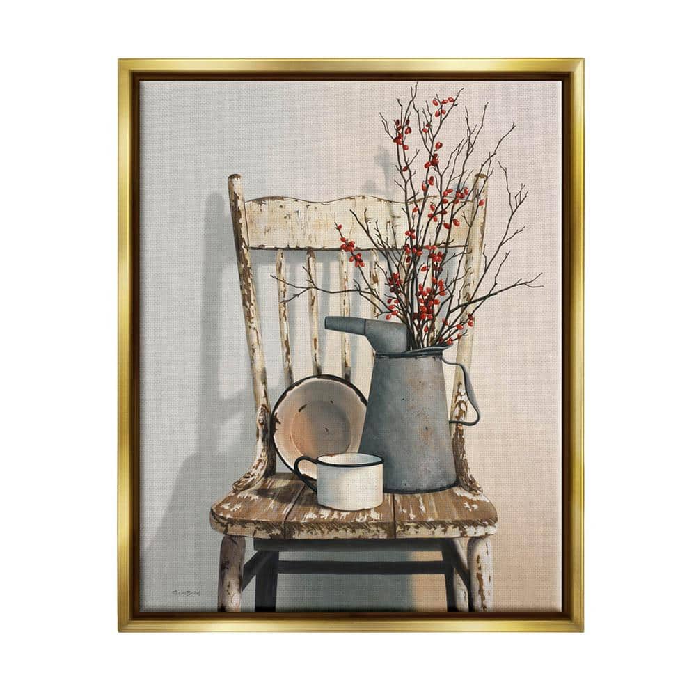 Vintage Rustic Gold Framed Canvas Painting with Chair and Vase, 25 x 31