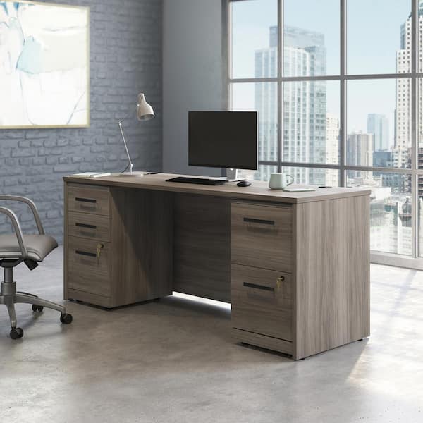 OFFICE WORKS BY SAUDER Affirm 71.102 in., Hudson Elm Desk with (Fully Assembled) 3-Drawer and 2-Drawer Mobile File Cabinets