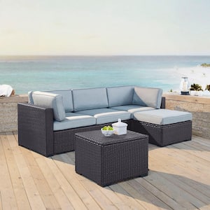 Biscayne 4-Person Wicker Outdoor Seating Set with Mist Cushions - 1 Loveseat, 1 Corner Chair, Ottoman, Coffee Table