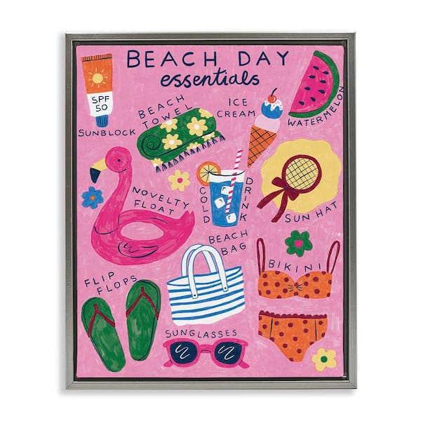 Stupell Industries Beach Day Essentials by Lisa Barlow Gray Floater Frame Coastal Graphic Art Print 31 in. x 25 in.