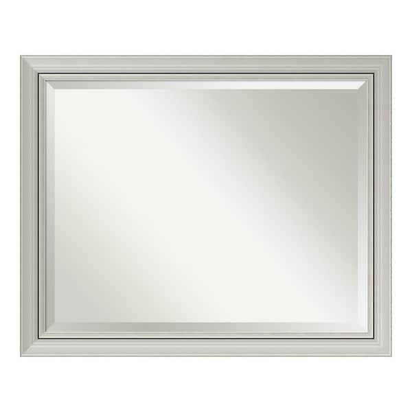 Amanti Art Romano Silver Narrow 31.75 in. x 25.75 in. Beveled Rectangle Wood Framed Bathroom Wall Mirror in Silver