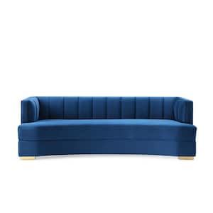 Encompass 85 in. Navy Channel Tufted Velvet 3-Seater Curved Tuxedo Sofa with Square Arms