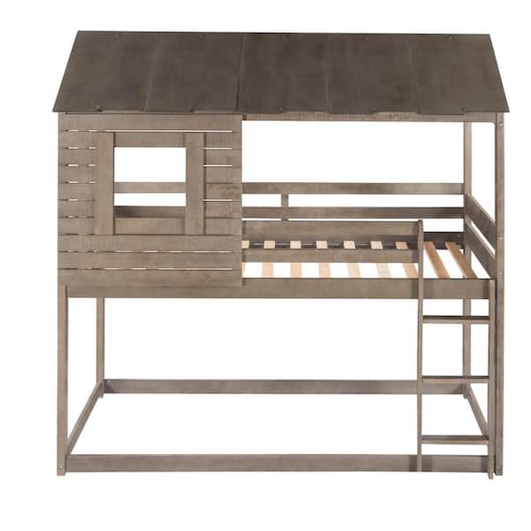 Unbranded Antique Gray Twin Over Twin Bunk Bed with Roof, Window, Guardrail, Ladder