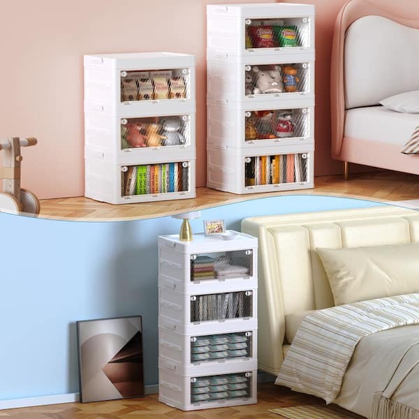 24 qt. Collapsible Storage Bins, 4-Tier Stackable Plastic Closet Organizers in White with Lids for Home, Kitchen,Office