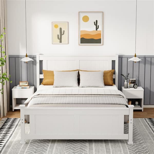 White Wood Bed Frame Twin Size Platform Bed with Headboard