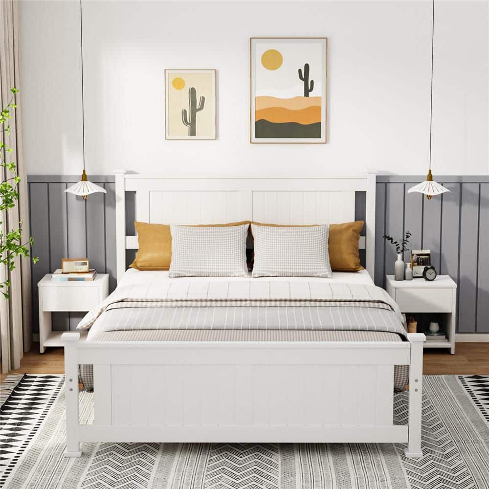 White Wood Bed Frame Queen Size Platform Bed with Headboard price history on PriceWatchPro