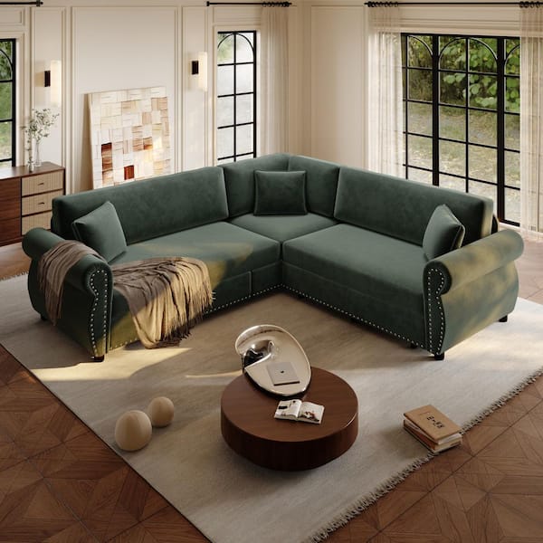 Tina 88.2 in. Rolled Arm Chenille Upholstery L-Shaped Sectional Sofa in. Green with Pull-Out Bed, Nailhead Trim