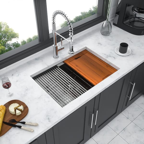 Staykiwi 27 in. Undermount Single Bowl 16-Gauge Brushed Nickel Stainless Steel Kitchen Sink with Workstation