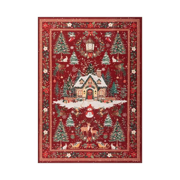 Christmas Village 5 ft. X 7 ft. Red Multicolor Traditional Washable Area Rug