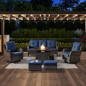 ArcoBay 6-Piece Gray Wicker Patio Square Fire Pit Conversation Set with Navy Blue Cushions and Swivel Rocking Chairs