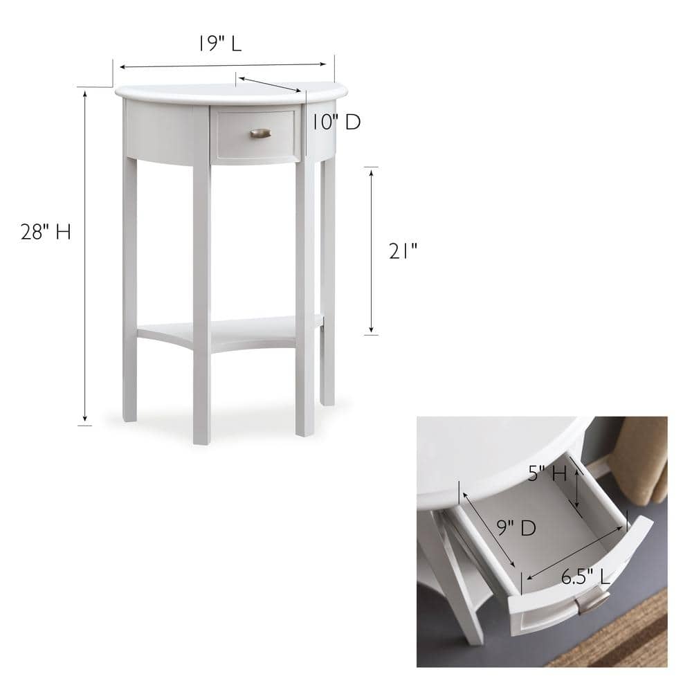 Cottage White Wood Demilune Console Table with Storage Drawer