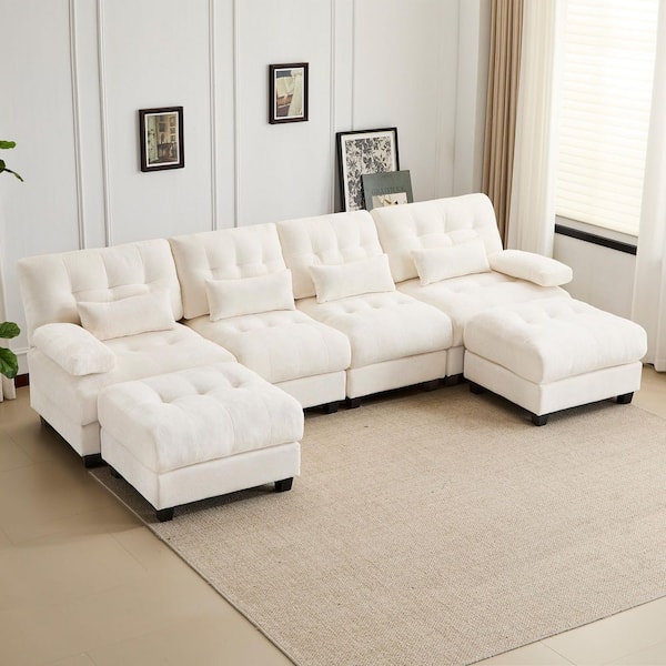 Sinclair 119 in. Chenille U-Shaped Tufted Modular Sectional Sofa in. Beige with Adjustable Backrest, Ottomans, Pillows