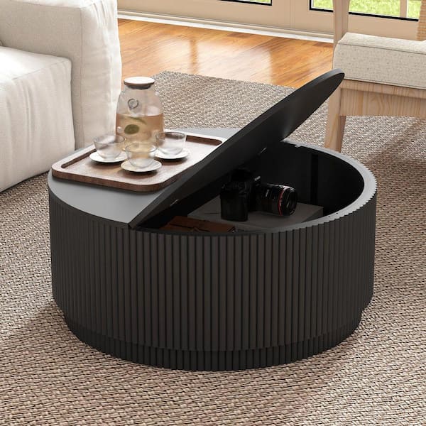 Black Round Fluted Coffee Table, 31.5 in. MDF with Flip-Top Storage Compartment for Living Room