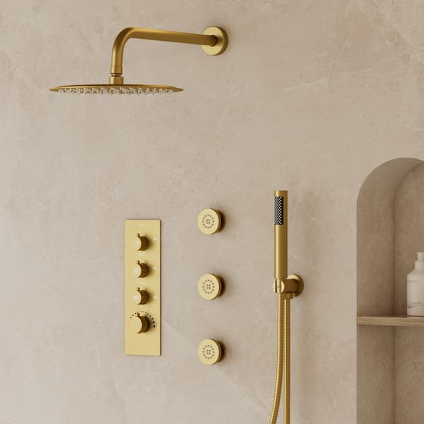 YAWWALK 7-Spray 12 in. Wall Mount Fixed and Handheld Shower Head 2.5 GPM with 3-Jets in Brushed Gold(Valve Included)