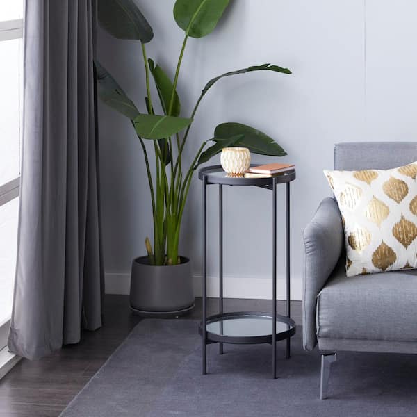 Litton Lane 15 in. Black 2 Level Large Round Mirrored End Accent Table with Mirrored Glass Top