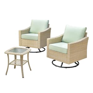 Oconee Beige 3-Piece Wicker Outdoor Patio Conversation Swivel Rocking Chair Set with Light Green Cushions