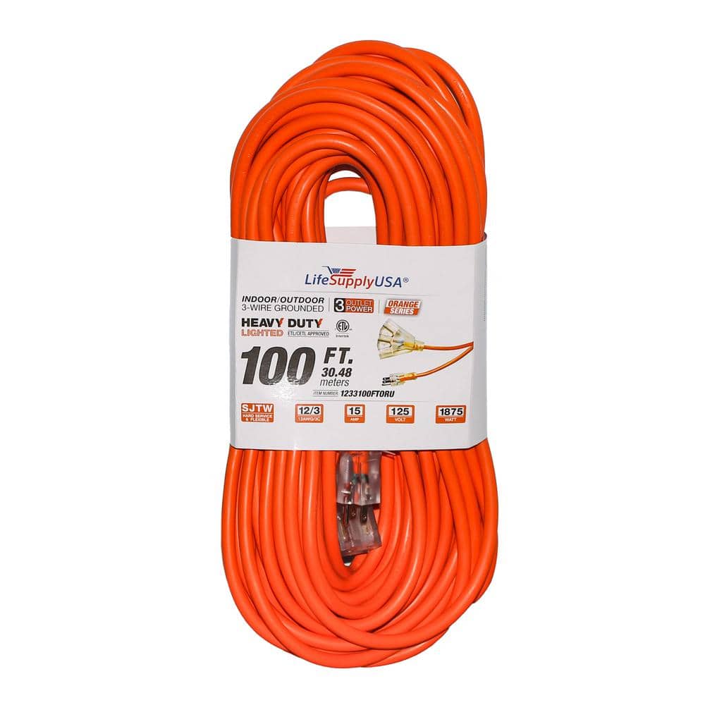 LifeSupplyUSA 100 ft. 12/3 3-Outlet 15 Amp 125-Volt 1875-Watt SJTW Orange  Indoor/Outdoor Heavy-Duty with Lighted End Extension Cord 1233100FTORU  The Home Depot