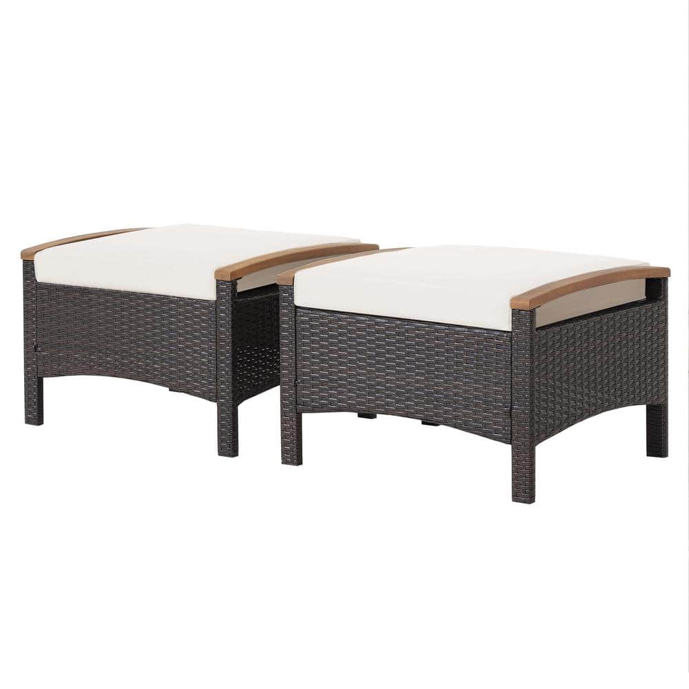 WELLFOR Set of 2 Brown Wicker Outdoor Ottoman with Off White Cushion