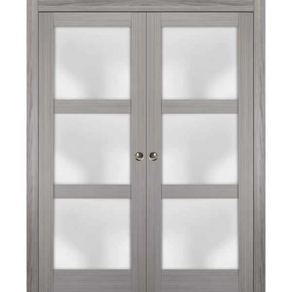 72 in. x 96 in. 3 Panel Gray Finished Pine Wood Sliding Door With Double Pocket Hardware