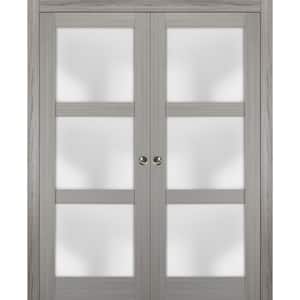 2552 56 in. x 84 in. 3 Panel Gray Finished Pine Wood Sliding Door with Double Pocket Hardware