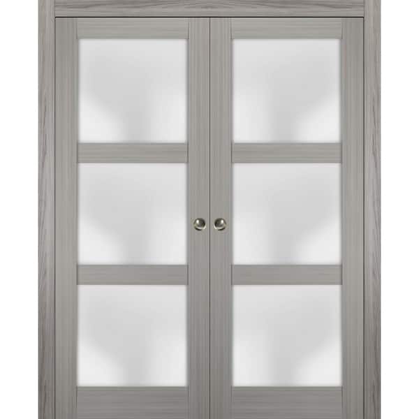 Sartodoors 2552 60 in. x 84 in. 3 Panel Gray Finished Pine Wood Sliding Door with Double Pocket Hardware